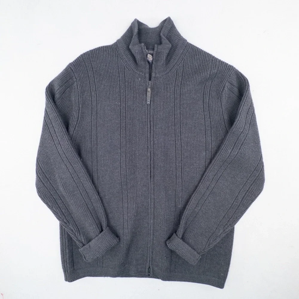 Banana Republic Mens Fine Italian Merino Wool Full Zip Sweater Large Gray Ribbed